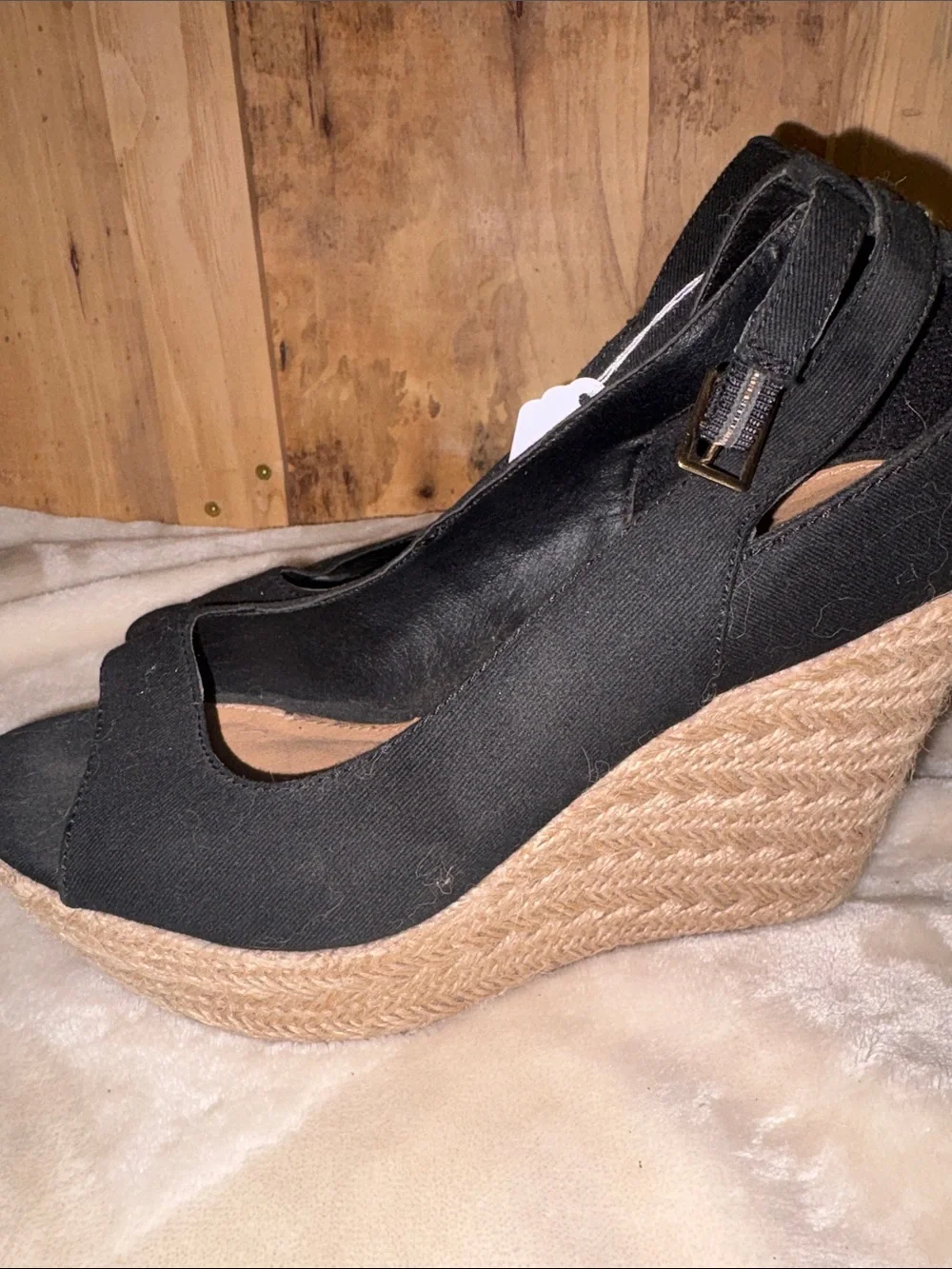 #126 Report Black Espadrille Wedge Peep-Toe Ankle Strap Sandals